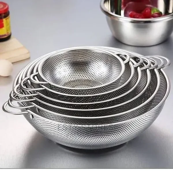 A set of High-Quality Stainless Steel Colanders suitable for kitchen use.